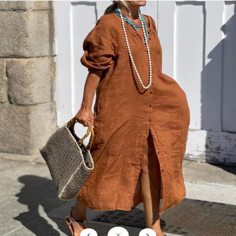 Vestido elegante de lino y alg - Casual Loose Linen Shirt Dress reseña y precio